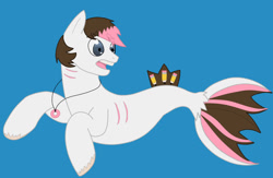 Size: 1280x835 | Tagged: safe, artist:thebridgetroll3, oc, oc only, oc:true hue, earth pony, hybrid, merpony, pony, seapony (g4), blue background, fish tail, gills, gray eyes, jewelry, male, necklace, open mouth, seaponified, simple background, solo, species swap, stallion, tail, teeth, underwater, water