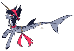 Size: 1280x880 | Tagged: safe, artist:fallen--fate, oc, oc only, merpony, pony, seapony (g4), unicorn, black mane, dorsal fin, fish tail, horn, long horn, male, red eyes, seaponified, simple background, smiling, solo, species swap, stallion, tail, transparent background