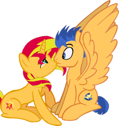 Size: 662x700 | Tagged: safe, artist:decokenite, flash sentry, sunset shimmer, pony, unicorn, g4, female, looking at each other, looking at someone, male, mare, requested art, ship:flashimmer, shipping, simple background, smooch, spread wings, stallion, straight, unexpected, white background, wingboner, wings