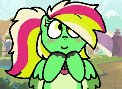 Size: 494x364 | Tagged: safe, artist:soupafterdark, oc, oc only, oc:gumdrops, pegasus, pony, banned from equestria daily, blushing, collar, colored hooves, colored pinnae, colored wings, female, freckles, green coat, green eyes, heart, heart collar, hooves on face, looking at you, mare, multicolored wings, pale belly, partially open wings, pegasus oc, ponyville, smiling, smiling at you, solo, style emulation, wings