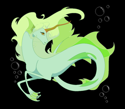 Size: 936x816 | Tagged: safe, artist:bambisparanoia, oc, oc only, hybrid, merpony, seapony (g4), black background, bubble, digital art, dorsal fin, female, fins, fish tail, flowing tail, green mane, horn, mare, open mouth, orange eyes, simple background, solo, swimming, tail, underwater