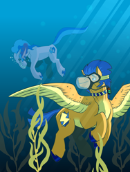 Size: 2700x3600 | Tagged: safe, artist:daotterguy, flash sentry, sea swirl, seafoam, pony, unicorn, g4, blue mane, bubble, cover art, crepuscular rays, dive mask, feather, female, goggles, grin, high res, horn, male, mare, ocean, seaweed, smiling, spread wings, stallion, sunlight, swimming, teeth, underwater, water, wings