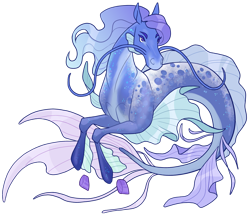 Size: 1280x1104 | Tagged: safe, artist:spectraloosa-admin, oc, oc only, hippocampus, hybrid, merpony, seapony (g4), blue mane, dorsal fin, female, fins, fish tail, flowing mane, flowing tail, mare, purple eyes, simple background, solo, tail, transparent background