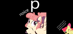 Size: 1350x629 | Tagged: safe, apple bloom, earth pony, pegasus, pony, g4, black background, female, noice, p, pinfether, simple background, thumbs up