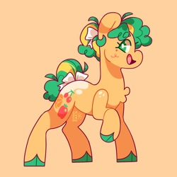 Size: 2500x2500 | Tagged: safe, artist:cocopudu, tutti frutti, earth pony, pony, g1, bow, chest fluff, cloven hooves, hair bow, high res, open mouth, open smile, orange background, profile, raised hoof, simple background, smiling, solo, tail, tail bow