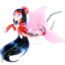 Size: 1920x1920 | Tagged: safe, artist:cupidauctions, oc, oc only, seapony (g4), adoptable, black mane, clothes, female, fin wings, fins, fish tail, flower, flower in hair, flowing mane, looking at you, mare, mermay, pink mane, pink tail, see-through, simple background, smiling, smiling at you, solo, tail, transparent background, wings