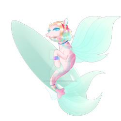 Size: 1920x1920 | Tagged: safe, artist:cupidauctions, oc, oc only, seapony (g4), adoptable, blue eyes, colored pupils, deviantart watermark, female, fin wings, fins, fish tail, flowing tail, lidded eyes, looking at you, mare, obtrusive watermark, open mouth, simple background, smiling, smiling at you, solo, surfboard, tail, transparent background, watermark, wings
