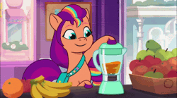 Size: 498x277 | Tagged: safe, screencap, sunny starscout, earth pony, pony, g5, it's t.u.e.s. day, my little pony: tell your tale, spoiler:g5, spoiler:my little pony: tell your tale, spoiler:tyts01e09, animated, apple, banana, blender (object), cute, female, food, fruit, mane stripe sunny, mare, orange, solo, sunnybetes