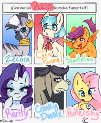 Size: 517x630 | Tagged: safe, artist:moondoodlez, coco pommel, cranky doodle donkey, fluttershy, rarity, scootaloo, zecora, butterfly, donkey, earth pony, pegasus, pony, unicorn, zebra, g4, female, filly, foal, looking at something, looking at you, looking up, male, mare, open mouth, open smile, pouting, six fanarts, smiling, spread wings, wings