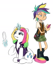 Size: 1432x1738 | Tagged: safe, artist:applephil, rarity, human, pony, unicorn, g4, spoiler:amphibia, alternate hairstyle, amphibia, boots, cellphone, clothes, crossover, duo, female, hand mirror, leather vest, levitation, magic, mane swap, mare, molly jo, phone, plaid skirt, punk, raripunk, shoes, simple background, skirt, smartphone, spoilers for another series, studded bracelet, telekinesis, vest, white background
