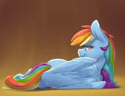 Size: 6600x5100 | Tagged: safe, artist:northernsprint, rainbow dash, pegasus, pony, g4, 2016, absurd resolution, bedroom eyes, cute, dashabetes, female, gradient background, looking at you, looking back, lying down, mare, old art, on side, smiling, solo