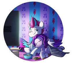 Size: 4670x4112 | Tagged: safe, artist:chub-wub, pipp petals, zipp storm, pegasus, pony, g5, absurd resolution, adorapipp, adorazipp, blanket, commissioner:navelcolt, cuddling, cute, duo, female, food, hug, mare, onomatopoeia, phone, popcorn, royal sisters (g5), sibling love, siblings, simple background, sisterly love, sisters, sisters being sisters, sleeping, sound effects, television, transparent background, unshorn fetlocks, winghug, wings, zzz