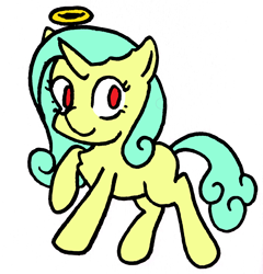 Size: 1714x1783 | Tagged: safe, artist:rainbowwing, oc, oc only, oc:seven sister, pony, unicorn, colored, curly hair, curly mane, curly tail, flat colors, halo, horn, looking at you, red eyes, simple background, simplistic art style, smiling, smiling at you, solo, tail, trotting, unicorn oc, white background