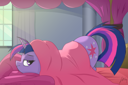 Size: 1754x1162 | Tagged: safe, artist:wonkysole, twilight sparkle, pony, unicorn, g4, 2016, bed, bed mane, blanket, crepuscular rays, cute, face down ass up, female, mare, morning ponies, old art, solo, sweet dreams fuel, tired, twiabetes, unicorn twilight