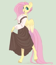 Size: 889x1037 | Tagged: safe, artist:melodylibris, fluttershy, pegasus, anthro, unguligrade anthro, g4, clothes, colored pupils, cute, female, green background, long sleeved shirt, mare, open mouth, open smile, shyabetes, simple background, skirt, smiling, solo, starry eyes, wingding eyes