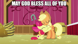 Size: 736x414 | Tagged: safe, edit, edited screencap, screencap, apple bloom, applejack, g4, adorabloom, apology, christianity, cute, hug, jackabetes, positive ponies, religion, text, wholesome