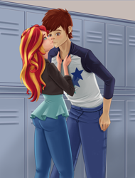 Size: 1504x1979 | Tagged: safe, artist:scs-g3-n17, sunset shimmer, oc, human, g4, canon x oc, clothes, female, humanized, indoors, kissing, lockers, male, pants, smiling, straight