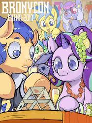 Size: 4724x6299 | Tagged: safe, artist:yunlongchen, flash sentry, starlight glimmer, earth pony, pegasus, pony, unicorn, g4, 2017, card, drink, female, floral necklace, male