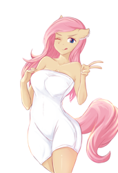 Size: 1200x1753 | Tagged: safe, artist:ucat, oc, oc only, earth pony, anthro, clothes, commission, ear fluff, earth pony oc, naked towel, not fluttershy, peace sign, simple background, smiling, solo, towel, white background, ych result