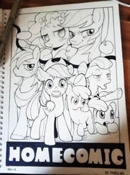 Size: 718x960 | Tagged: safe, artist:yunlongchen, apple bloom, applejack, big macintosh, bright mac, granny smith, pear butter, pinkie pie, earth pony, pony, g4, apple family, lineart, traditional art