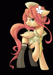 Size: 2480x3508 | Tagged: safe, artist:yunlongchen, fluttershy, pegasus, pony, g4, black background, bowtie, clothes, female, flower, flower in hair, hat, high res, mare, shirt, simple background, solo, stockings, thigh highs, uniform