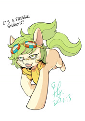 Size: 1024x1449 | Tagged: safe, artist:yunlongchen, oc, oc only, earth pony, pony, angry, clothes, dialogue, green hair, scarf, simple background, solo, white background