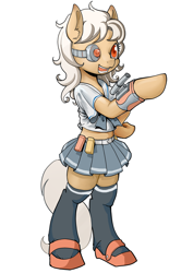Size: 2480x3507 | Tagged: safe, artist:yunlongchen, oc, oc only, earth pony, pony, semi-anthro, arm hooves, bipedal, clothes, high res, midriff, miniskirt, schoolgirl, simple background, skirt, solo, stockings, student, thigh highs, uniform, white background, white hair
