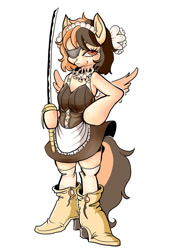 Size: 1024x1449 | Tagged: safe, artist:yunlongchen, oc, oc only, pegasus, pony, semi-anthro, arm hooves, boots, clothes, eyepatch, hidden eyes, katana, maid, shoes, simple background, solo, standing, stockings, sword, thigh highs, weapon, white background