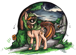 Size: 941x677 | Tagged: safe, artist:tay-niko-yanuciq, oc, oc only, earth pony, pony, chest fluff, crescent moon, earth pony oc, hood, looking back, moon, night, outdoors, simple background, solo, transparent background, tree