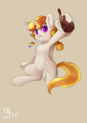 Size: 1280x1811 | Tagged: safe, artist:yunlongchen, oc, oc only, alicorn, pony, alicorn oc, belly button, blushing, chest fluff, coke, horn, jewelry, necklace, smiling, soda, solo, wings