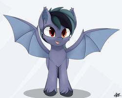 Size: 3500x2800 | Tagged: safe, artist:starmaster, oc, oc:scrimmy, bat pony, pegasus, pony, :p, commission, front view, happy, heterochromia, high res, solo, spread wings, tongue out, wings