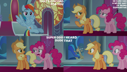 Size: 1280x720 | Tagged: safe, edit, edited screencap, editor:quoterific, screencap, applejack, discord, pinkie pie, rainbow dash, draconequus, earth pony, pegasus, pony, g4, season 9, the beginning of the end, applejack's hat, cowboy hat, crossed hooves, female, flying, hat, male, mare, open mouth, smiling, spread wings, text, wings