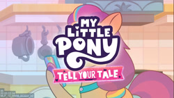 Size: 1920x1080 | Tagged: safe, screencap, sunny starscout, earth pony, pony, g5, my little pony: tell your tale, sunny-day dinners, spoiler:tyts01e10, animation error, cellphone, error, female, kitchen, mane stripe sunny, mare, my little pony logo, phone, smartphone, text