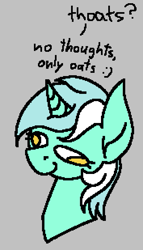 Size: 531x927 | Tagged: safe, artist:skookz, lyra heartstrings, pony, unicorn, g4, bust, derp, female, food, mare, oats, simple background, solo, text, that pony sure does love oats, thoughts