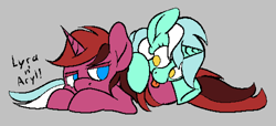 Size: 1500x684 | Tagged: safe, artist:skookz, lyra heartstrings, pony, unicorn, g4, :p, aryl, duo, female, mare, siblings, simple background, sisters, text, tongue out, twins