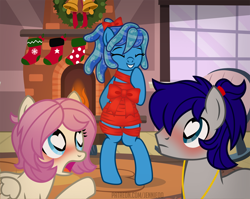 Size: 1100x877 | Tagged: safe, artist:jennieoo, oc, oc:gentle star, oc:maverick, oc:ocean soul, earth pony, pegasus, pony, bipedal, blushing, chimney, christmas, clothes, cute, fire, fireplace, heart eyes, hearth's warming eve, holiday, implied lesbian, lace, ocbetes, ribbon, shocked, show accurate, socks, sultry pose, vector, wingding eyes