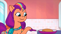 Size: 600x337 | Tagged: safe, screencap, sunny starscout, earth pony, pony, g5, my little pony: tell your tale, sunny-day dinners, spoiler:g5, spoiler:my little pony: tell your tale, spoiler:tyts01e10, animated, female, food, frying pan, loop, mane stripe sunny, pancakes, perfect loop, solo