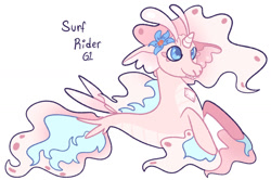 Size: 1024x681 | Tagged: safe, artist:goatpaste, surf rider, seapony (g4), siren, unicorn, g1, blue eyes, dorsal fin, female, fins, fish tail, flower, flower in hair, flowing mane, flowing tail, horn, mare, pink mane, seaponified, simple background, smiling, solo, species swap, tail, white background