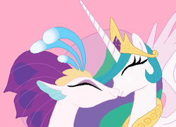 Size: 406x292 | Tagged: dead source, safe, artist:jadeharmony, princess celestia, queen novo, alicorn, pony, seapony (g4), g4, base used, boop, colored pupils, crown, eyes closed, feather, female, flowing mane, gift art, horn, jewelry, lesbian, long horn, mare, noseboop, novolestia, nuzzling, peytral, pink background, regalia, shipping, simple background, wings