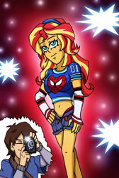 Size: 1920x2853 | Tagged: safe, artist:edcom02, sunset shimmer, human, equestria girls, g4, camera, clothes, crossover, male, marvel, mary jane watson, maxim, peter parker, shorts, spider-man