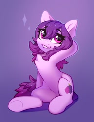 Size: 1887x2445 | Tagged: safe, artist:taneysha, oc, oc only, oc:share dast, earth pony, pony, earth pony oc, eyebrows, eyebrows visible through hair, female, lip bite, mare, sitting, solo