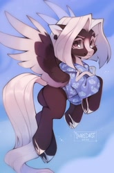 Size: 2438x3692 | Tagged: safe, artist:share dast, oc, oc only, oc:kate braxton, pegasus, pony, :3, clothes, cloven hooves, ear piercing, earring, female, flying, high res, hoodie, jewelry, looking at you, mare, piercing, solo, spread wings, underhoof, wings