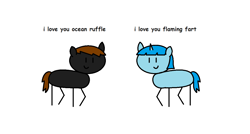 Size: 1190x640 | Tagged: safe, oc, oc only, oc:flaming frets, oc:ocean ripple, earth pony, pony, unicorn, comic sans, in a nutshell, oc x oc, shipping, simple background, stick pony, style emulation, white background