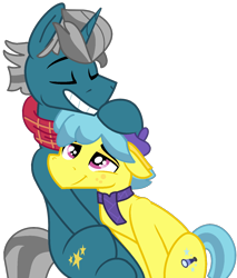 Size: 1164x1364 | Tagged: safe, artist:jadeharmony, curtain call (g4.5), fashion plate, earth pony, pony, unicorn, g4, g4.5, blue mane, blue tail, clothes, crack shipping, eyes closed, fashioncall, freckles, g4.5 to g4, gay, generation leap, gray mane, grin, hat, male, mane, missing accessory, pink eyes, purple hat, purple scarf, red scarf, scarf, shipping, smiling, stallion, tail, yellow coat