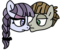 Size: 1130x960 | Tagged: safe, artist:jadeharmony, inky rose, mudbriar, g4, blue eyes, braid, brown mane, crack shipping, disembodied head, eyeshadow, female, gray coat, gray mane, green eyes, inkybriar, makeup, male, mare, multicolored mane, purple mane, shipping, simple background, stallion, straight, transparent background