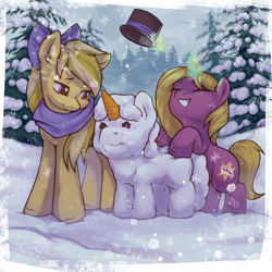 Size: 2000x2000 | Tagged: safe, artist:ariamidnighters, oc, oc only, earth pony, pony, unicorn, bow, clothes, duo, hair bow, hat, high res, magic, scarf, snow, snowfall, snowpony, telekinesis, tree