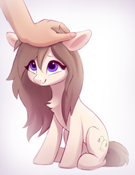 Size: 700x900 | Tagged: safe, artist:luminousdazzle, oc, oc only, oc:linnea, earth pony, pony, cute, earth pony oc, eye clipping through hair, eyebrows, female, hand, head pat, long mane, looking up, mare, offscreen character, offscreen human, pat, petting, purple eyes, simple background, sitting, smiling, solo focus, tiny, white background