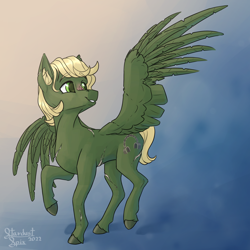 Size: 3200x3200 | Tagged: safe, artist:stardustspix, oc, oc only, oc:murky, pegasus, pony, fallout equestria, fallout equestria: murky number seven, abstract background, fanfic art, high res, scar, smiling, solo, wings