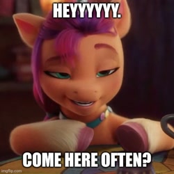 Size: 500x500 | Tagged: safe, edit, edited screencap, screencap, sunny starscout, earth pony, pony, g5, my little pony: a new generation, spoiler:my little pony: a new generation, bar, caption, cropped, female, flirting, image macro, mare, solo, text