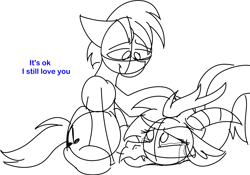 Size: 2921x2042 | Tagged: safe, artist:feather_bloom, oc, oc:blue_skies, oc:feather bloom(fb), oc:feather_bloom, draconequus, earth pony, pony, comforting, couple, dialogue, duo, earth pony oc, high res, quick sketch, simple background, sketch, species swap, white background